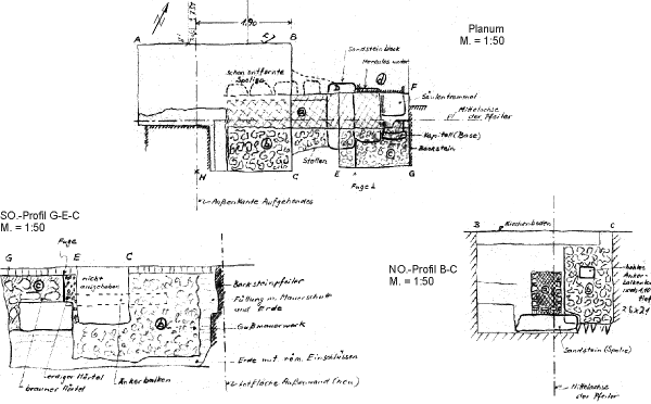 Abb. 14: Planum und Profile B-C und G-E-C der bei den Ausschachtungen für die Pfeilerreihe an der Nordwestseite des Chores aufgedeckten Mauerbefunde von W. Haberey 27.6.1951